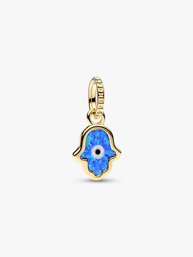 Talisman de tip pandantiv cu mână Hamsa albastru opalescent