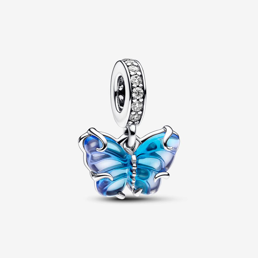 Talisman de tip pandantiv cu fluture din sticlă de Murano albastră image number 0