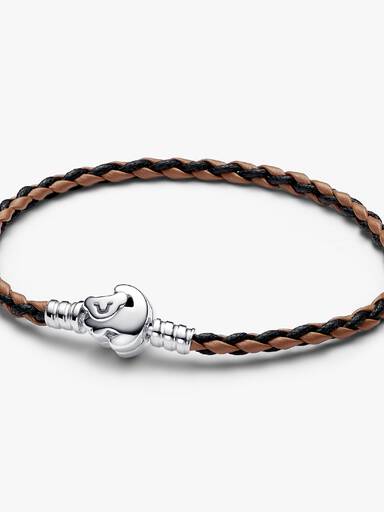 Brățară din piele împletită Pandora Moments cu închizătoare cu Regele Leu de la Disney