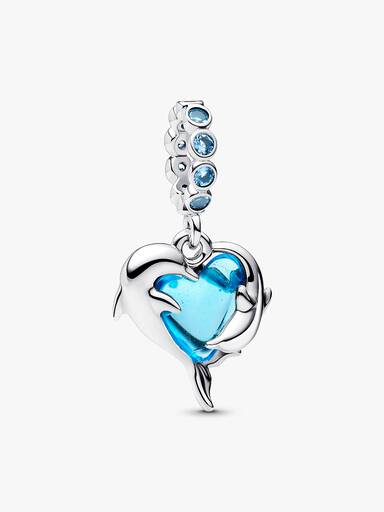 Talisman de tip pandantiv cu delfini din sticlă de Murano albastră