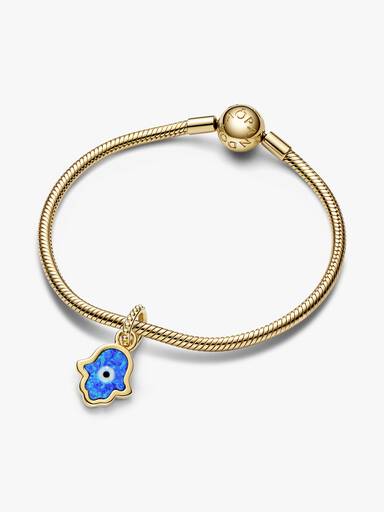 Talisman de tip pandantiv cu mână Hamsa albastru opalescent