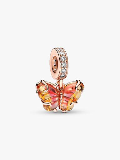 Talisman de tip pandantiv cu fluture din sticlă de Murano în nuanțele roz și galben